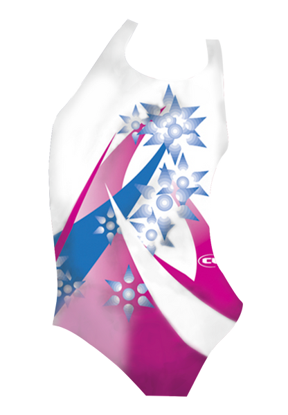Comet girls swimsuit front view, vibrant Japanese-inspired print, chlorine-resistant, made in Canada