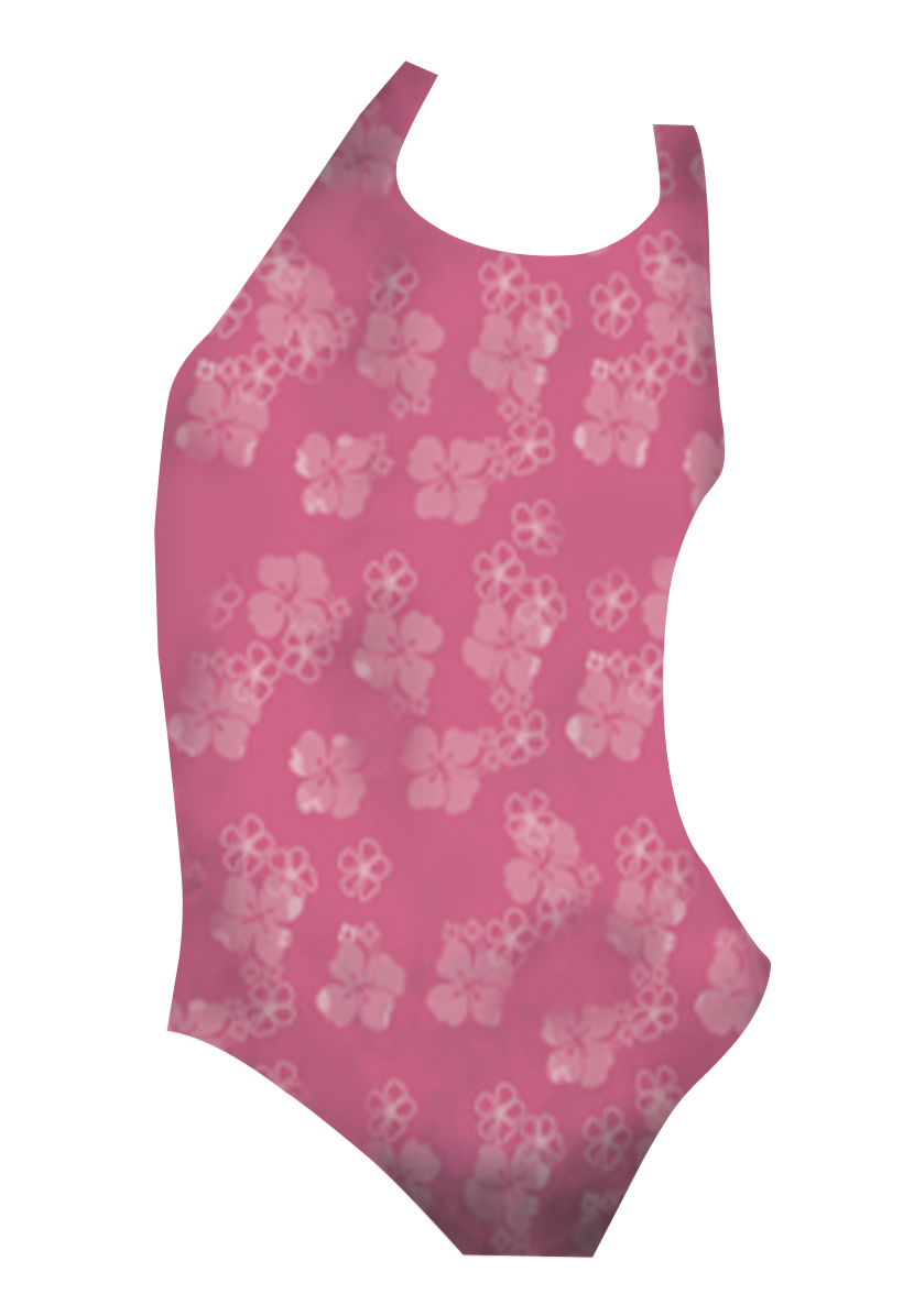 Maui girls swimsuit front view, vibrant tropical island print, chlorine-resistant, made in Canada
