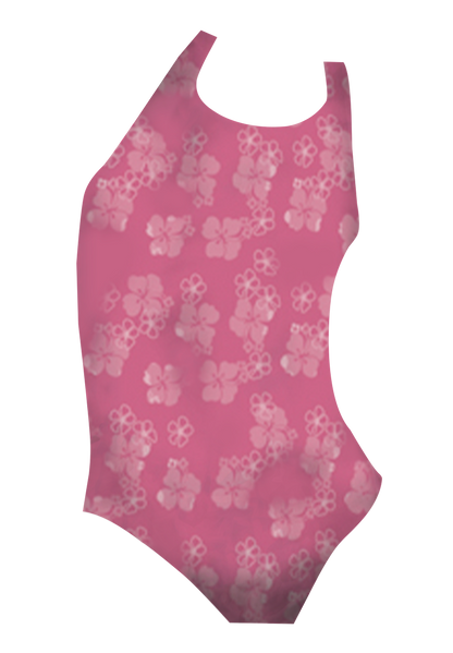 Maui girls swimsuit front view, vibrant tropical island print, chlorine-resistant, made in Canada