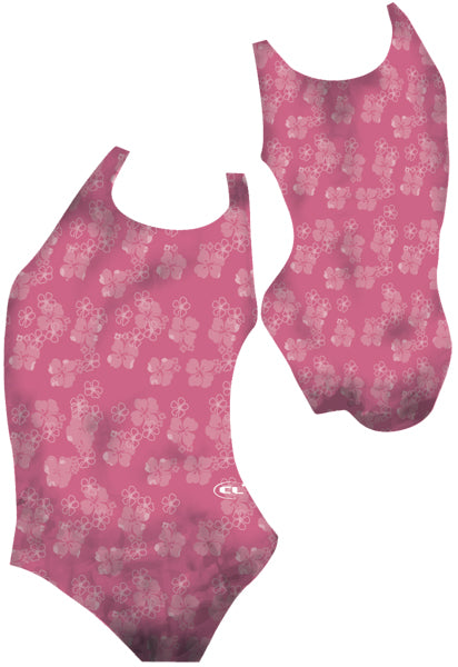 Maui chlorine-resistant girls swimsuit, Hawaiian-inspired tropical design, Canadian made activewear