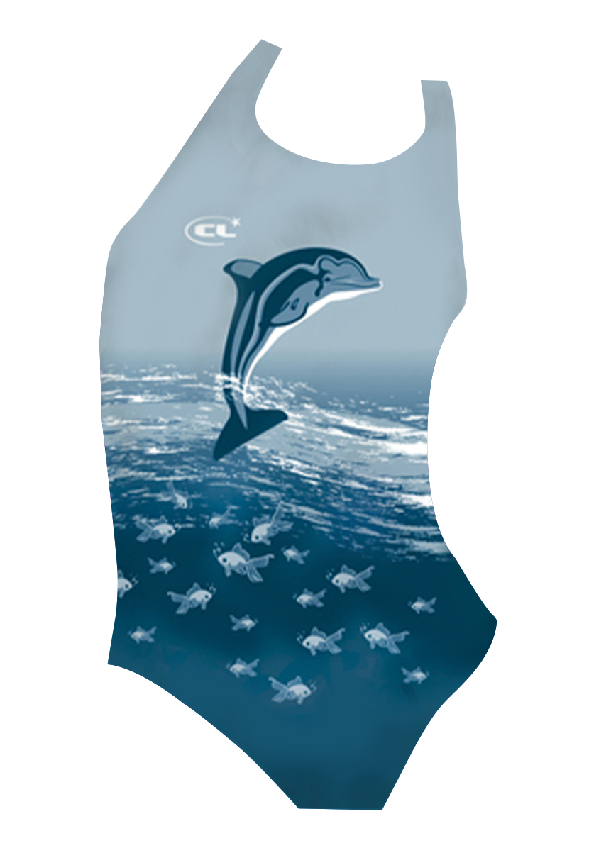 Flip 2 girls swimsuit front view, playful single dolphin print, chlorine-resistant, made in Canada