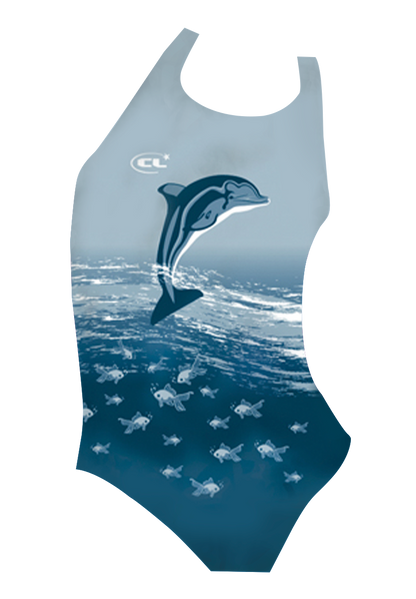 Flip 2 girls swimsuit front view, playful single dolphin print, chlorine-resistant, made in Canada