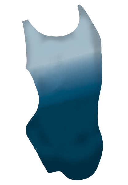 Flip 2 girls swimsuit back view, dolphin dye sublimation print, made in Canada