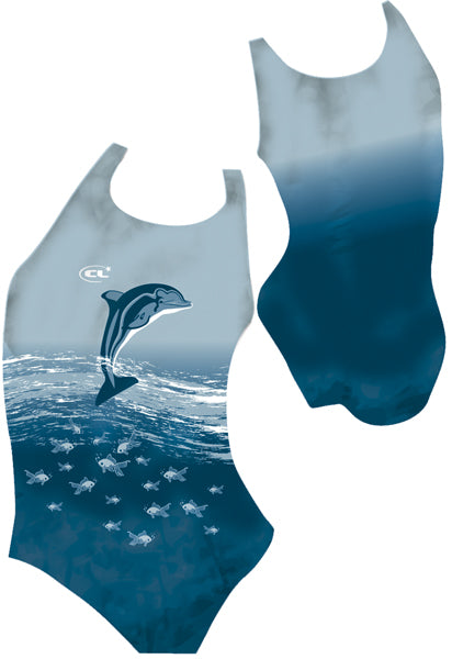 lip 2 chlorine-resistant girls swimsuit, single dolphin design, Canadian made activewear