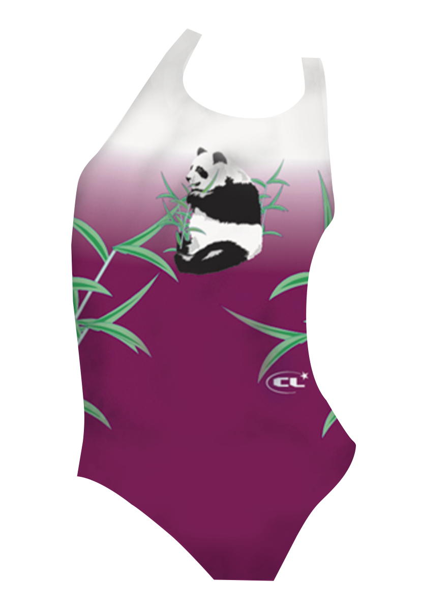 Sammy girls swimsuit front view, adorable panda print, chlorine-resistant, made in Canada