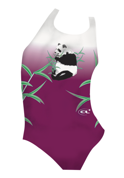 Sammy girls swimsuit front view, adorable panda print, chlorine-resistant, made in Canada