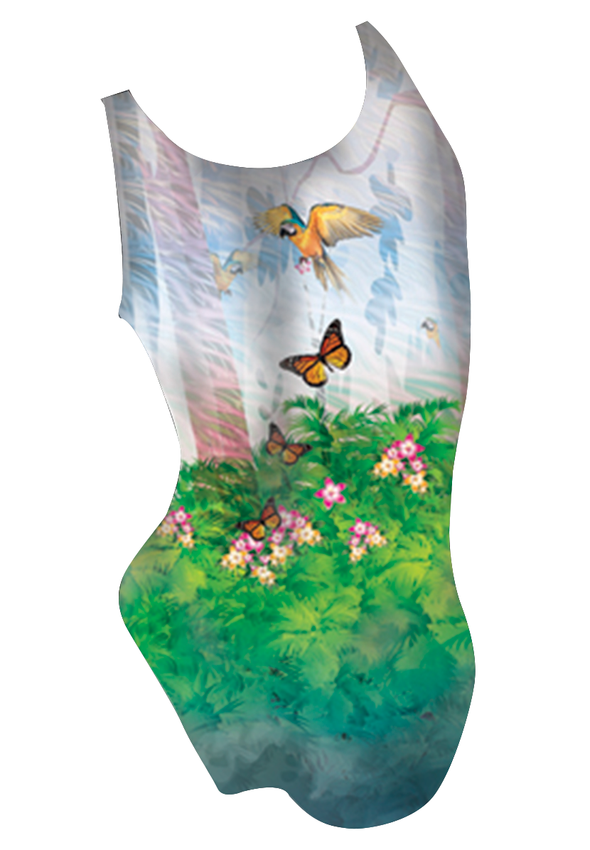 Parrots girls swimsuit back view, colourful parrot dye sublimation print, made in Canada