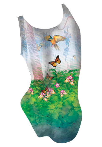 Parrots girls swimsuit back view, colourful parrot dye sublimation print, made in Canada