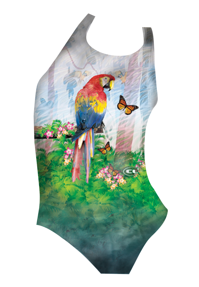 Parrots girls swimsuit front view, vibrant tropical parrot print, chlorine-resistant, made in Canada