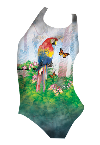 Parrots girls swimsuit front view, vibrant tropical parrot print, chlorine-resistant, made in Canada