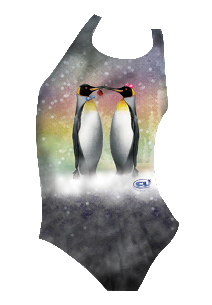 CoolKiss girls swimsuit front view, cute kissing penguins print, chlorine-resistant, made in Canada