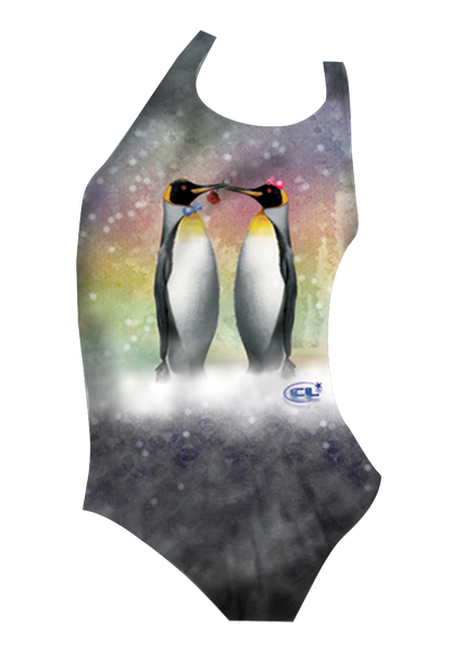 CoolKiss girls swimsuit front view, cute kissing penguins print, chlorine-resistant, made in Canada