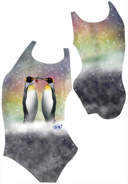 CoolKiss chlorine-resistant girls swimsuit, playful penguins design, Canadian made activewear