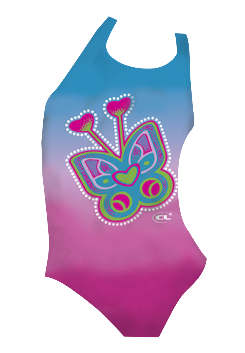LuvBug girls swimsuit front view, colourful ladybug and bug print, chlorine-resistant, made in Canada