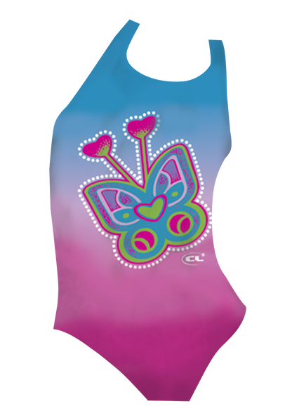 LuvBug girls swimsuit front view, colourful ladybug and bug print, chlorine-resistant, made in Canada