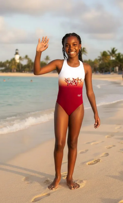 Seastars girls one-piece swimsuit with red and white starfish print, model on beach, made in Canada