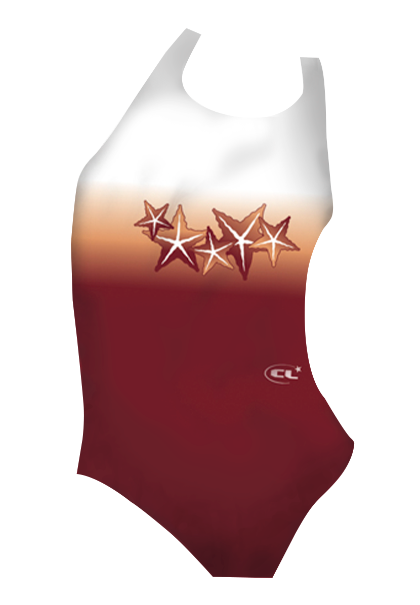 Seastars girls swimsuit front view, vibrant red and white starfish print, chlorine-resistant, made in Canada