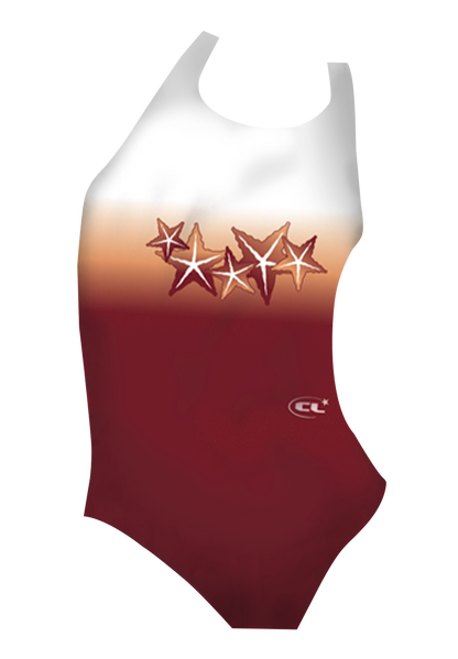 Seastars girls swimsuit front view, vibrant red and white starfish print, chlorine-resistant, made in Canada