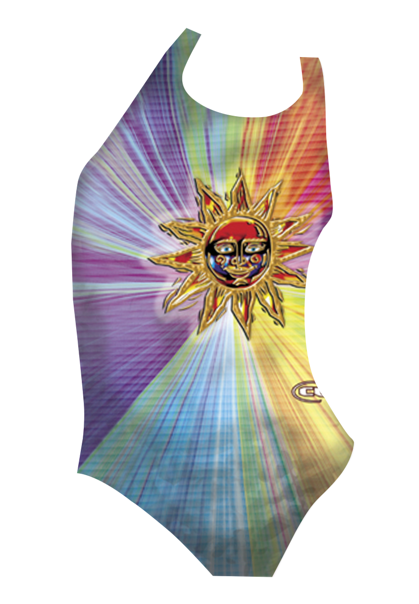 Sun girls swimsuit front view, vibrant colourful sun print, chlorine-resistant, made in Canada