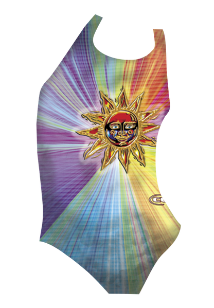 Sun girls swimsuit front view, vibrant colourful sun print, chlorine-resistant, made in Canada