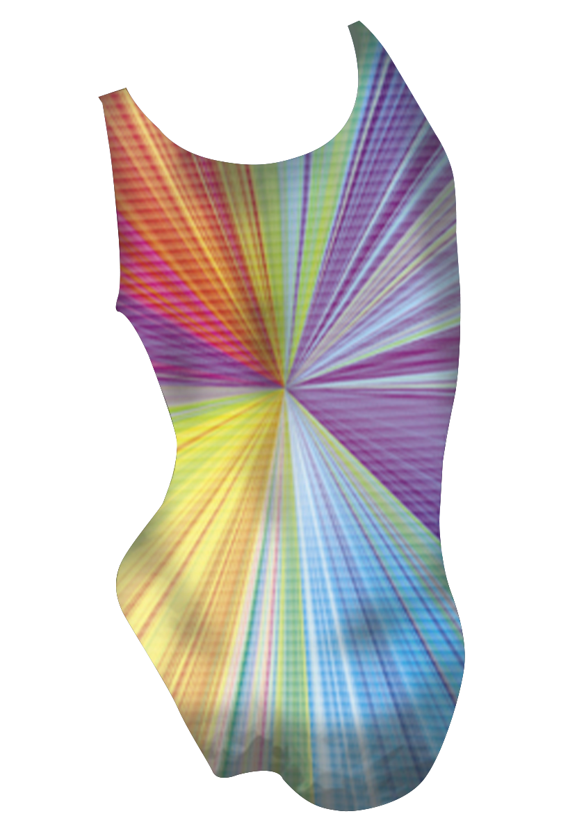 Sun girls swimsuit back view, colourful sun dye sublimation print, made in Canada