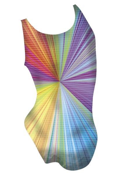 Sun girls swimsuit back view, colourful sun dye sublimation print, made in Canada