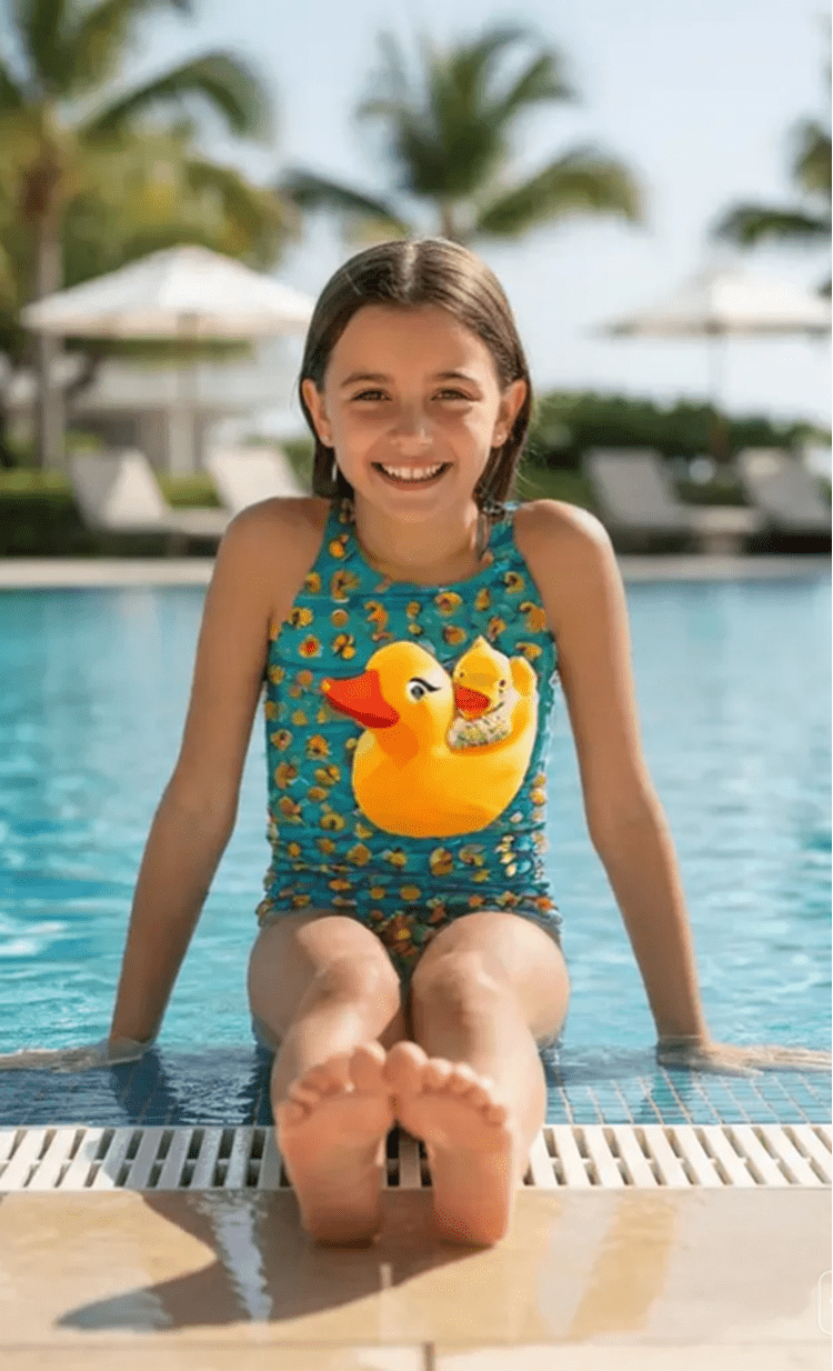 Ducky girls one-piece swimsuit with rubber duck print, model in pool, made in Canada