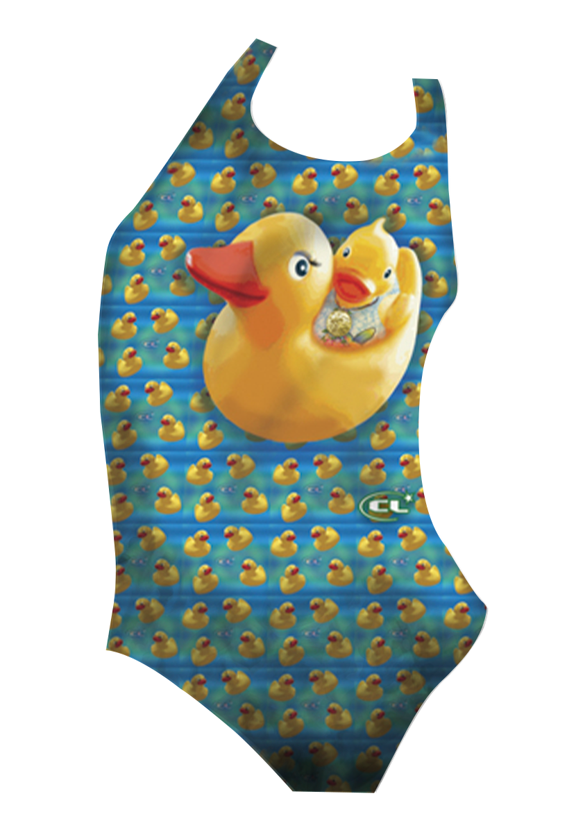 Ducky girls swimsuit front view, cheerful yellow rubber duck print, chlorine-resistant, made in Canada