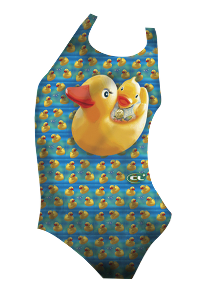 Ducky girls swimsuit front view, cheerful yellow rubber duck print, chlorine-resistant, made in Canada
