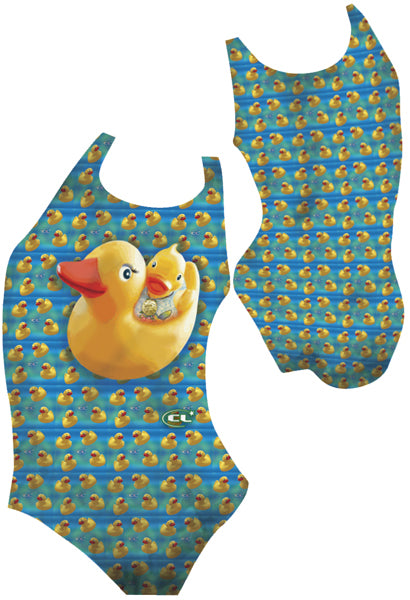 Ducky chlorine-resistant girls swimsuit, playful rubber duck design, Canadian made activewear