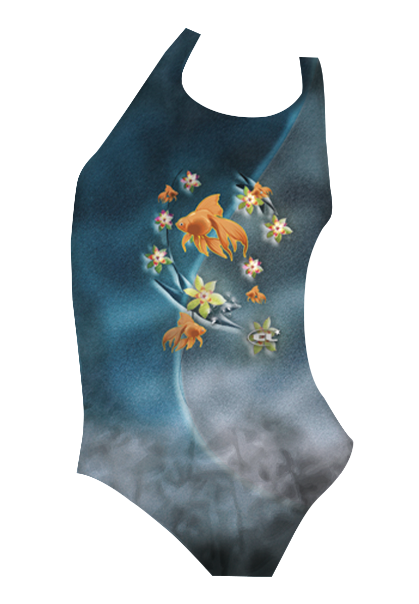 Bahamas girls swimsuit front view, vibrant tropical goldfish print, chlorine-resistant, made in Canada