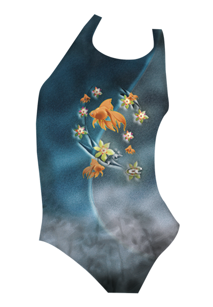 Bahamas girls swimsuit front view, vibrant tropical goldfish print, chlorine-resistant, made in Canada