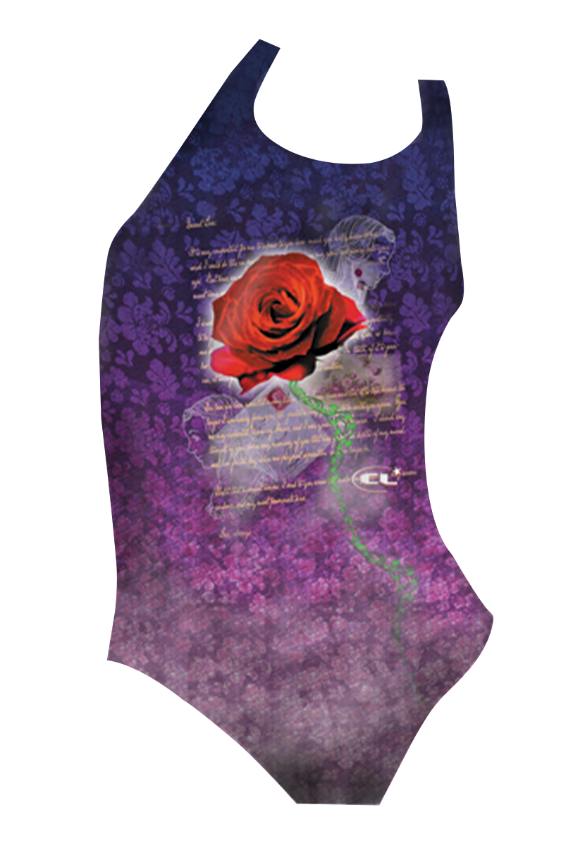 Loveletter girls swimsuit front view, playful love-themed print, chlorine-resistant, made in Canada