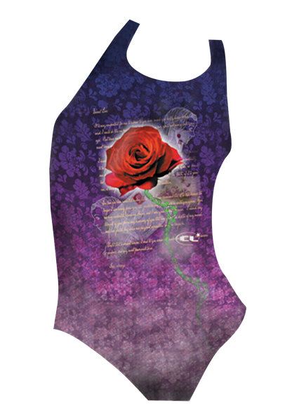 Loveletter girls swimsuit front view, playful love-themed print, chlorine-resistant, made in Canada