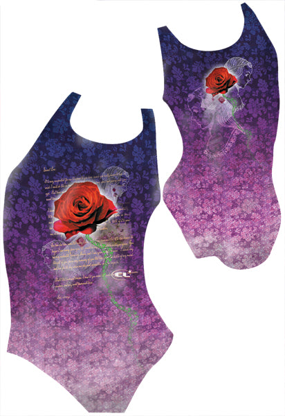 Loveletter chlorine-resistant girls swimsuit, fun love-themed design, Canadian made activewear