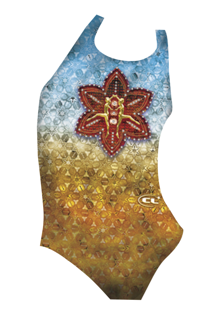 Jewels girls swimsuit front view, vibrant ocean sea elements print, chlorine-resistant, made in Canada