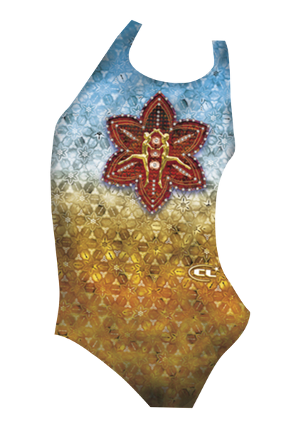 Jewels girls swimsuit front view, vibrant ocean sea elements print, chlorine-resistant, made in Canada