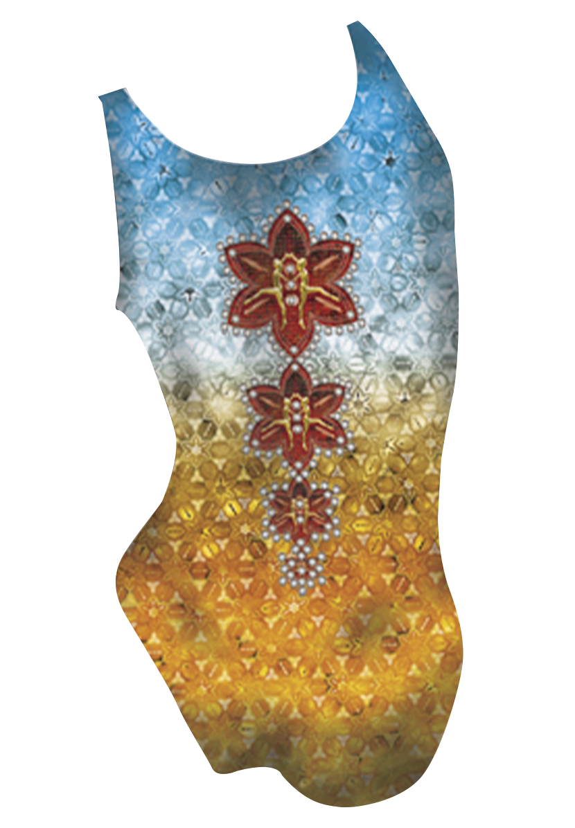 Jewels girls swimsuit back view, sea elements dye sublimation print, made in Canada