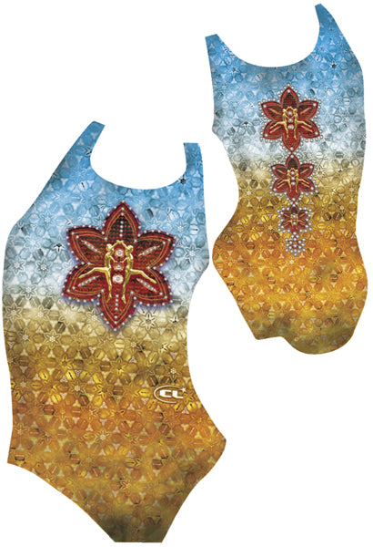 Jewels chlorine-resistant girls swimsuit, colourful ocean-inspired sea elements design, Canadian made activewear