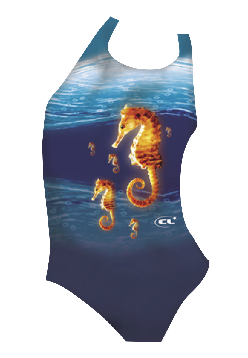 Seahorses girls swimsuit front view, vibrant seahorse print, chlorine-resistant, made in Canada