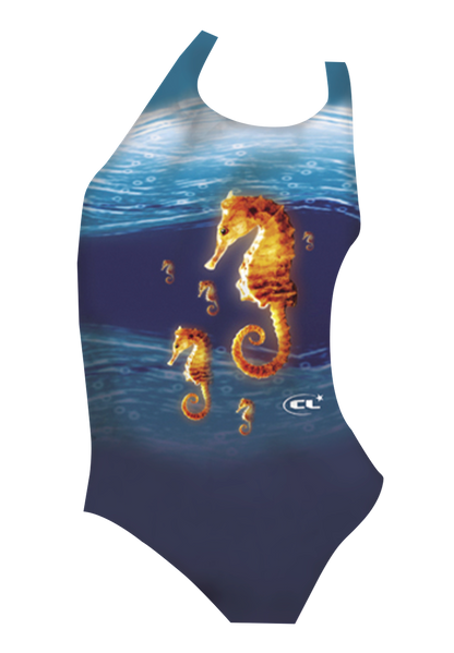 Seahorses girls swimsuit front view, vibrant seahorse print, chlorine-resistant, made in Canada
