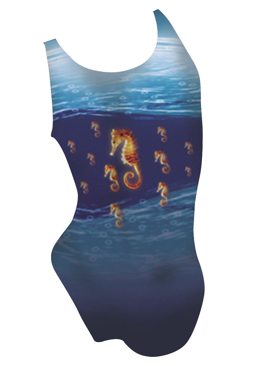 Seahorses girls swimsuit back view, seahorse dye sublimation print, made in Canada