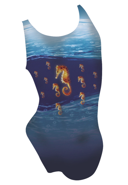 Seahorses girls swimsuit back view, seahorse dye sublimation print, made in Canada