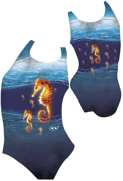 Seahorses chlorine-resistant girls swimsuit, charming seahorse ocean design, Canadian made activewear