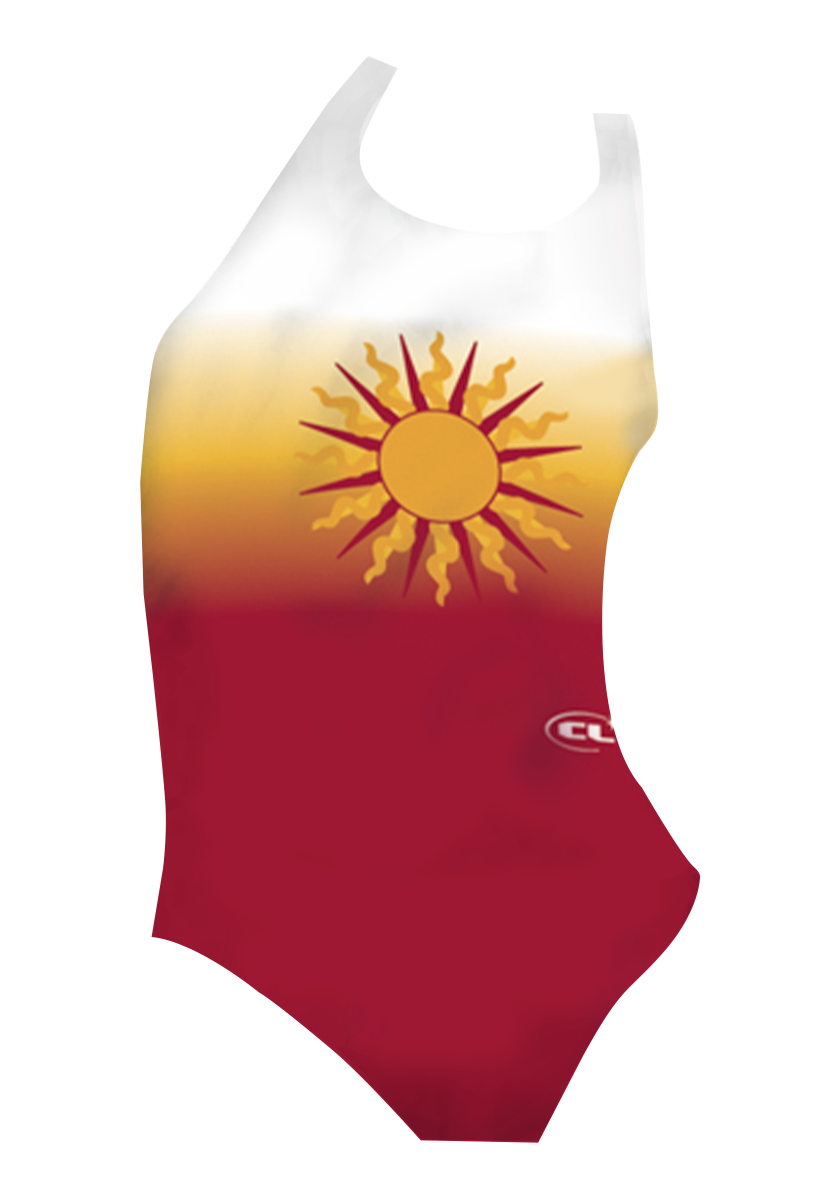 Sunny girls swimsuit front view, bright yellow sun print, chlorine-resistant, made in Canada