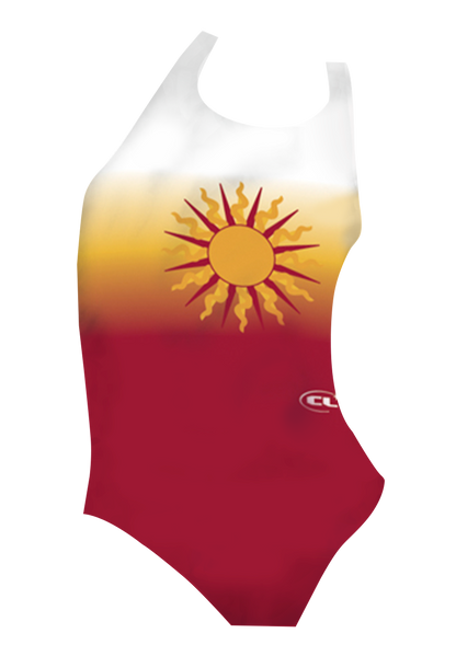 Sunny girls swimsuit front view, bright yellow sun print, chlorine-resistant, made in Canada