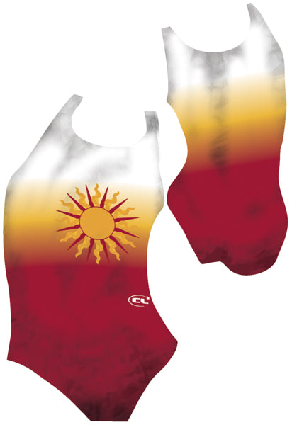 Sunny chlorine-resistant girls swimsuit, cheerful yellow sun design, Canadian made activewear