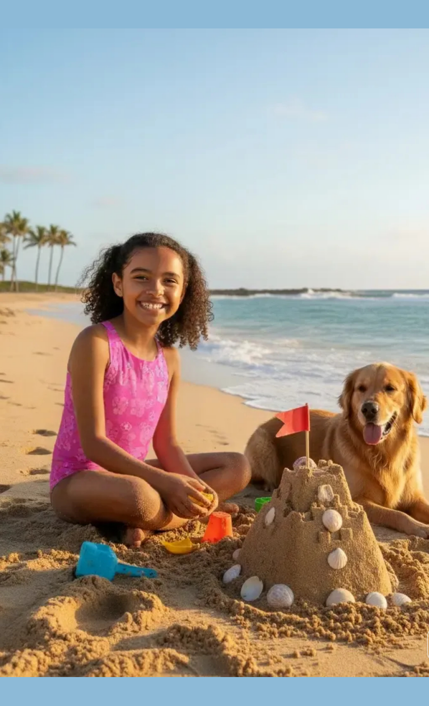 Maui girls one-piece swimsuit with tropical Hawaiian-inspired print, model on beach with dog, made in Canada