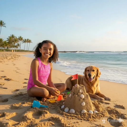 Girl and dog with a sandcastle on a beach