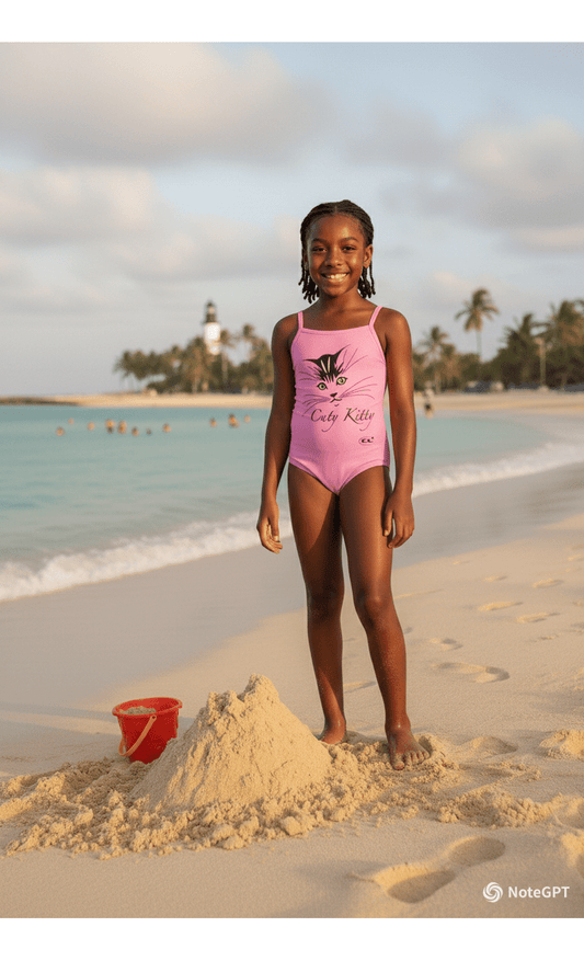 Young girl in a pink swimsuit standing on a beach with sandcastle and bucket.